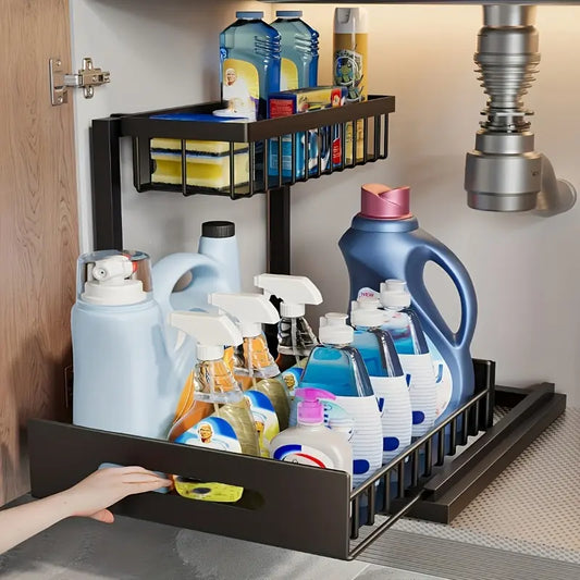 Kitchen Fixed Shelf Sink Storage, Sliding Pull-Out Cabinet Rack, Metal Sliding Drawer, Bathroom Organizing Accessories, Bathroom Essentials Accessories