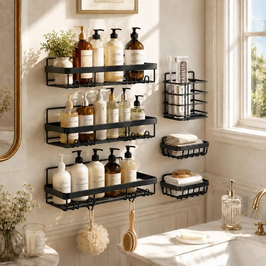 Summervibes PHANCIR 6 PCS Shower Caddy, No Drilling Bathroom Organizer with Soap Holder, Adhesive Bathroom Caddy, Black Installation Square Transparent Stainless